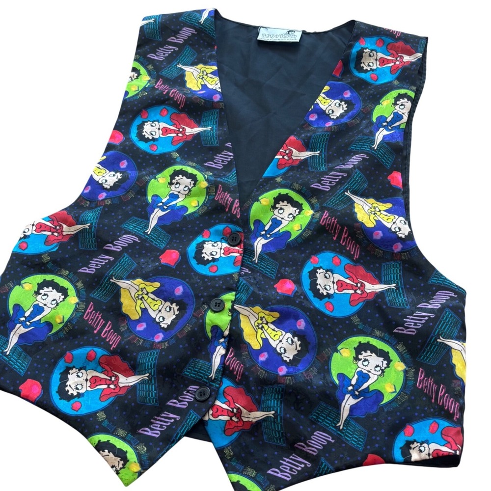 Vintage 1994 Betty Boop Vest Black All Over Print Button Front Tie Back S/M